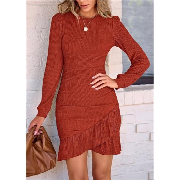 Women's Fall Ruched Bodycon Mini Dress – Long Puff Sleeves - Picture 4 of 7